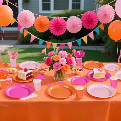 171 Pcs Pink Orange Plates Napkins Cups Forks Tablecloth