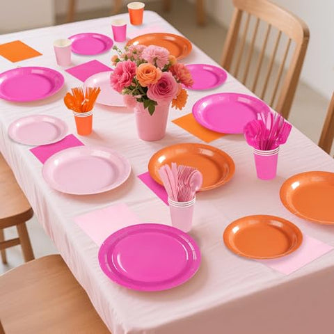 171 Pcs Pink Orange Plates Napkins Cups Forks Tablecloth