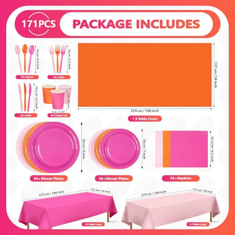 171 Pcs Pink Orange Plates Napkins Cups Forks Tablecloth