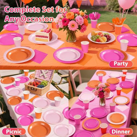 171 Pcs Pink Orange Plates Napkins Cups Forks Tablecloth