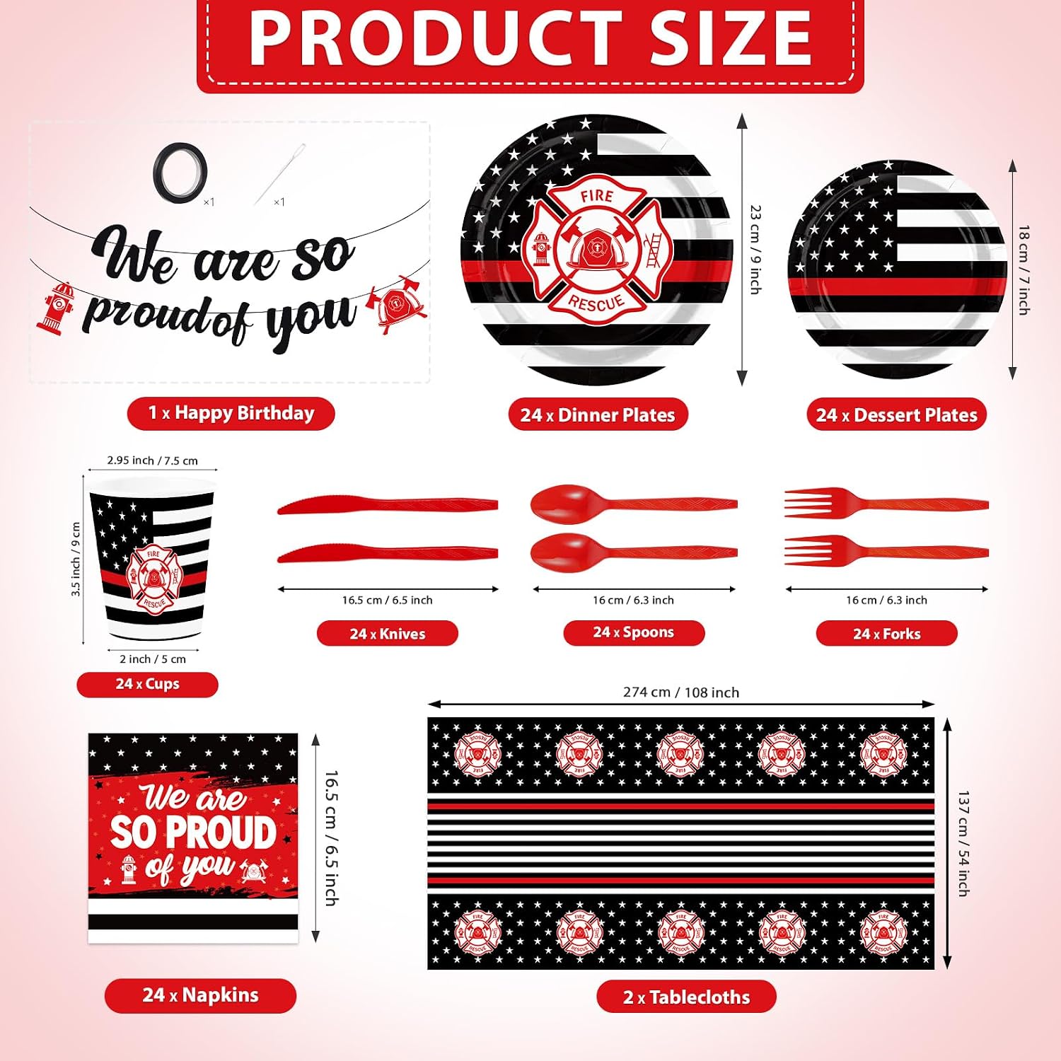 171 Pcs Firefighter Party Decorations Serves 24 - Grencian