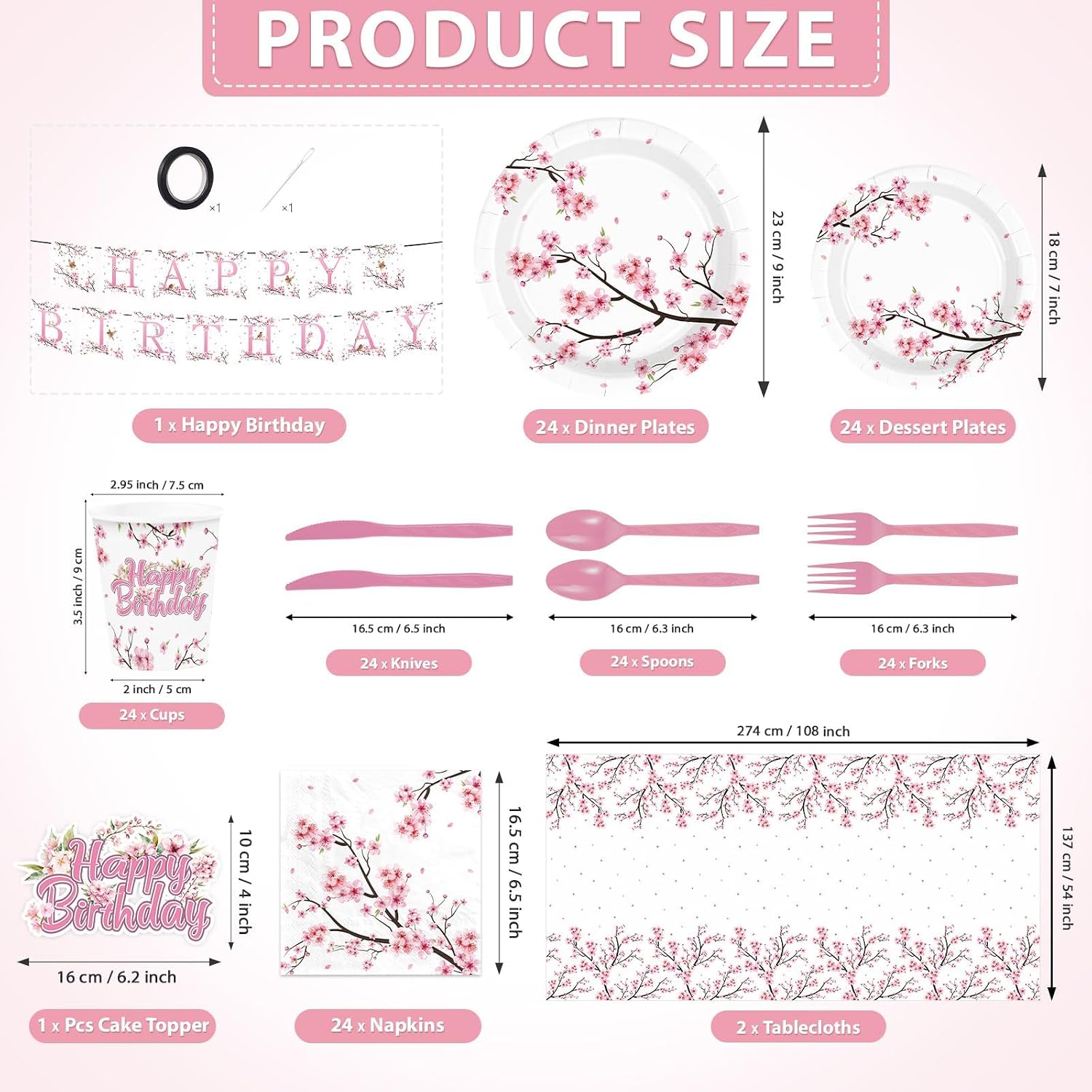171Pcs Cherry Blossom Japanese Party Decorations Serves 24 - Grencian