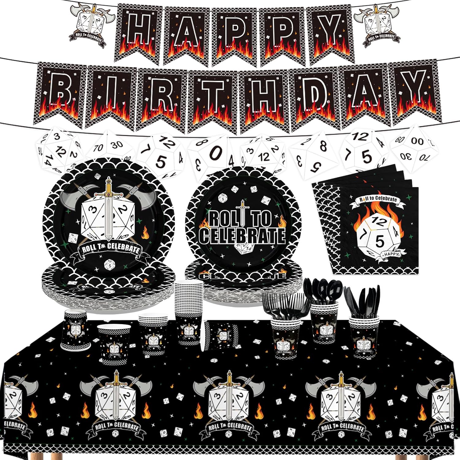 171Pcs D20 Dice Party Supplies - Dungeons Dragons Game Tableware Set with Plates Napkins Cups Tablecloth Banner Serves 24 - Grencian