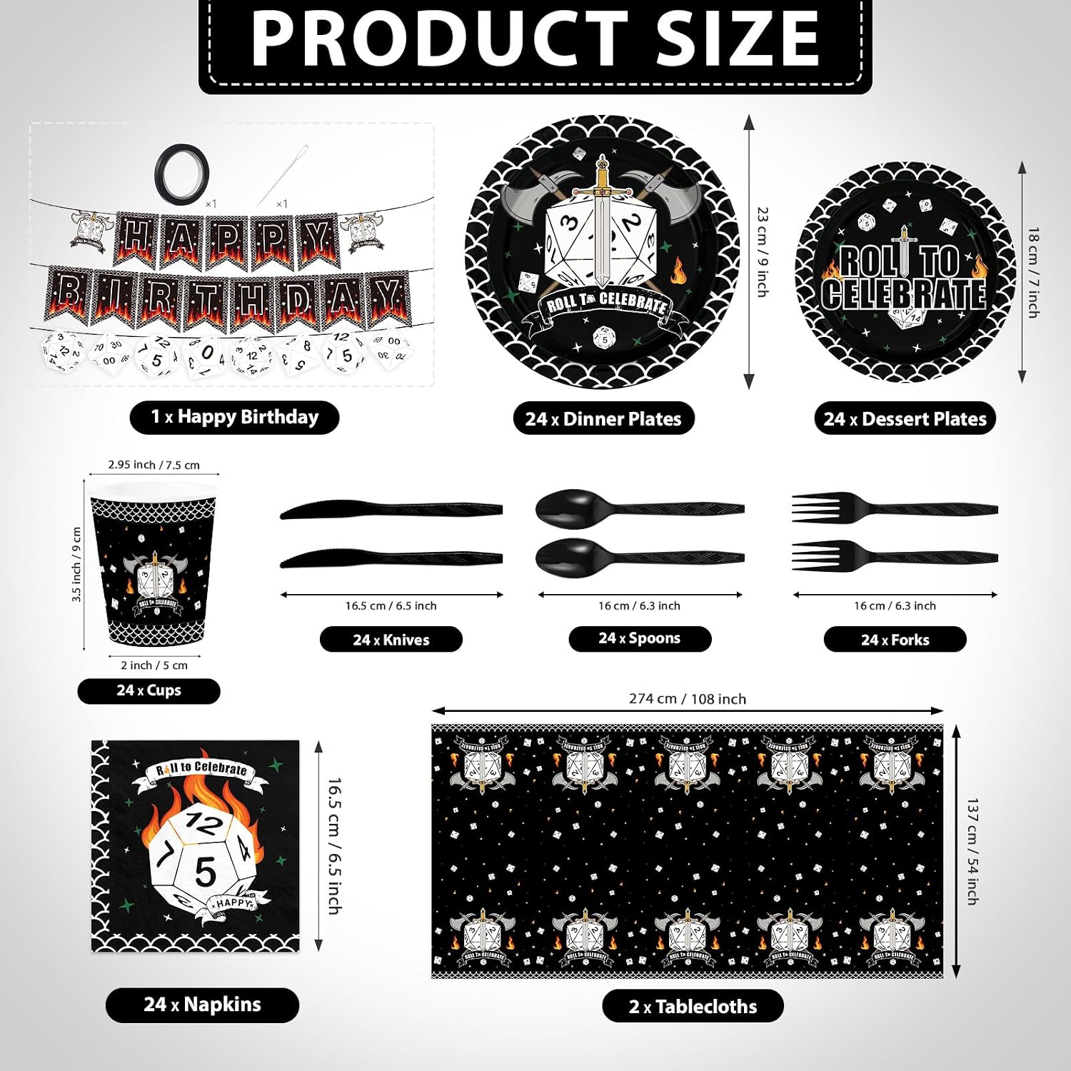 171Pcs D20 Dice Party Supplies - Dungeons Dragons Game Tableware Set with Plates Napkins Cups Tablecloth Banner Serves 24 - Grencian