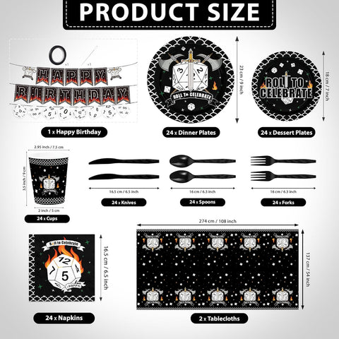 171Pcs D20 Dice Party Supplies - Dungeons Dragons Game Tableware Set with Plates Napkins Cups Tablecloth Banner Serves 24 - Grencian