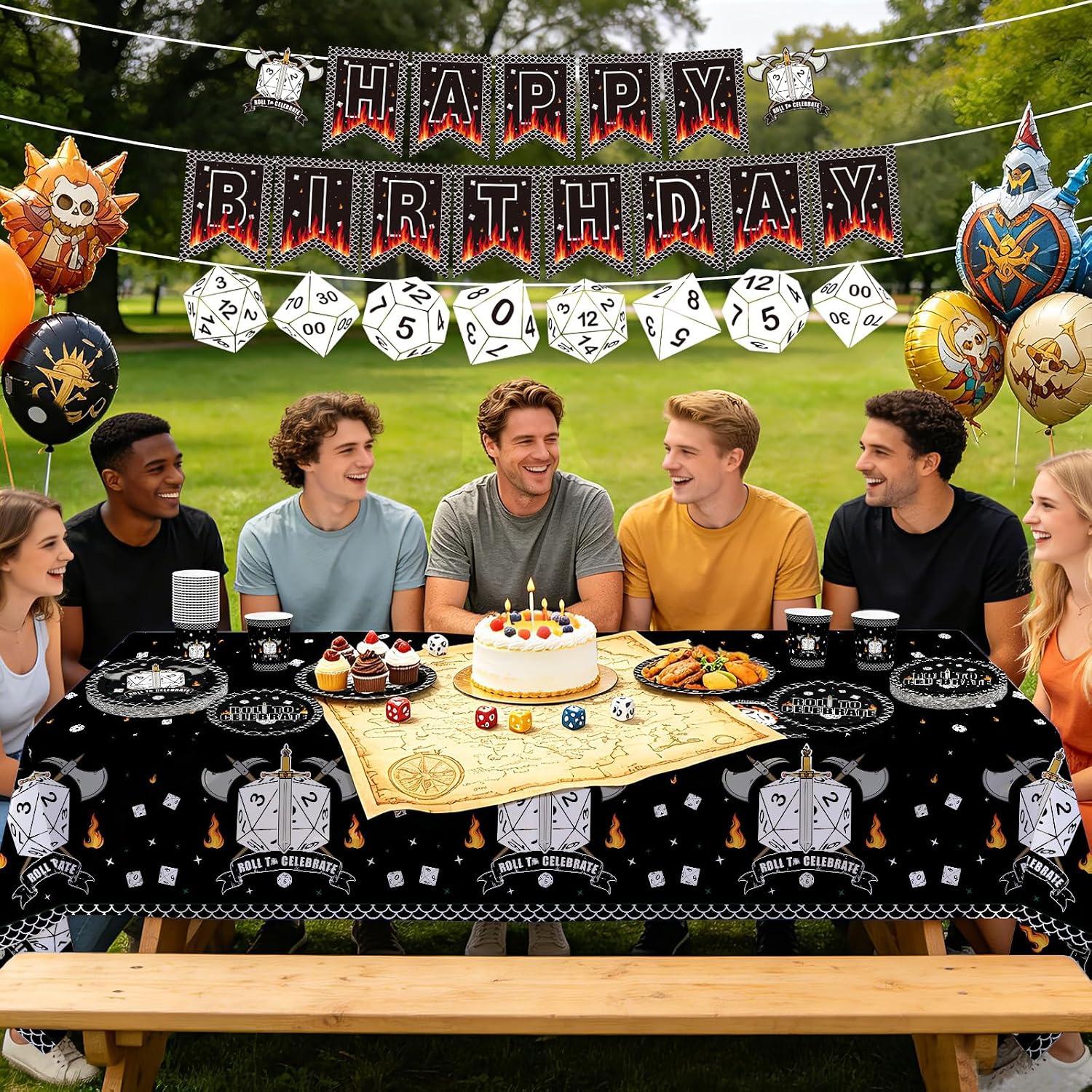 171Pcs D20 Dice Party Supplies - Dungeons Dragons Game Tableware Set with Plates Napkins Cups Tablecloth Banner Serves 24 - Grencian