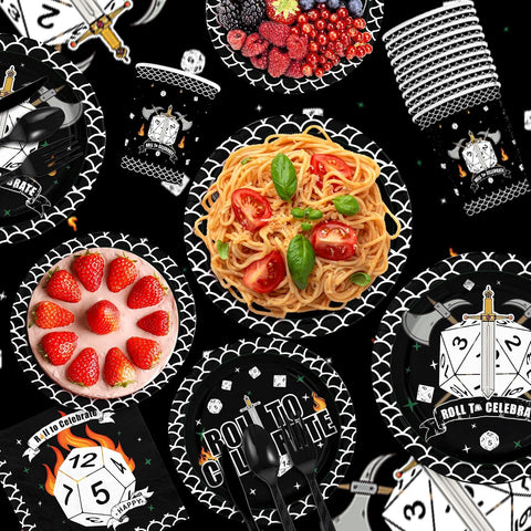 171Pcs D20 Dice Party Supplies - Dungeons Dragons Game Tableware Set with Plates Napkins Cups Tablecloth Banner Serves 24 - Grencian