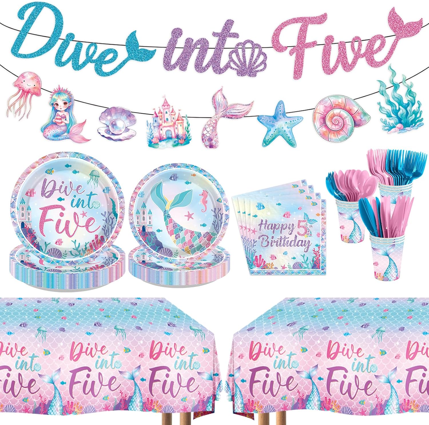 171Pcs Dive Into Five Mermaid 5th Birthday Party Decorations Serves 24 image 1