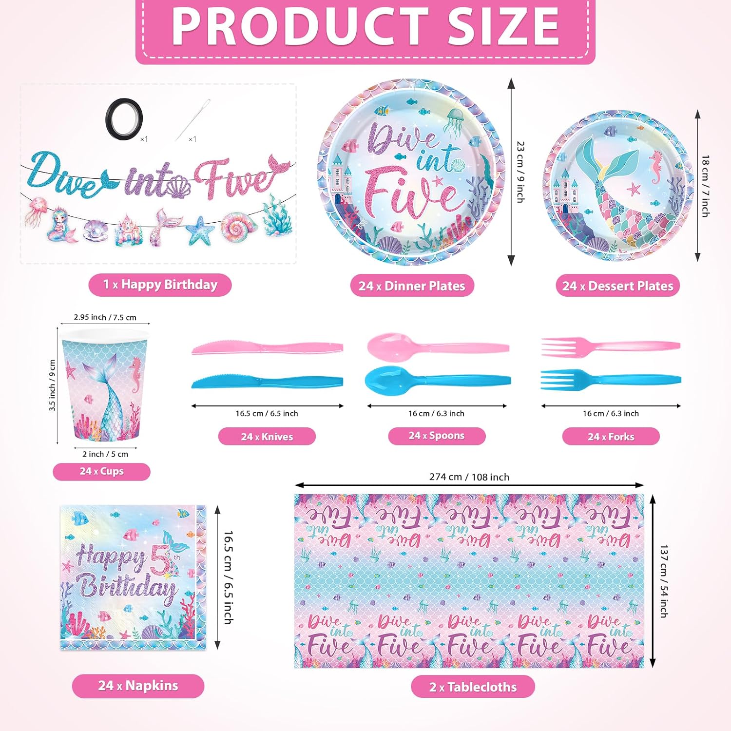 171Pcs Dive Into Five Mermaid 5th Birthday Party Decorations Serves 24 image 2