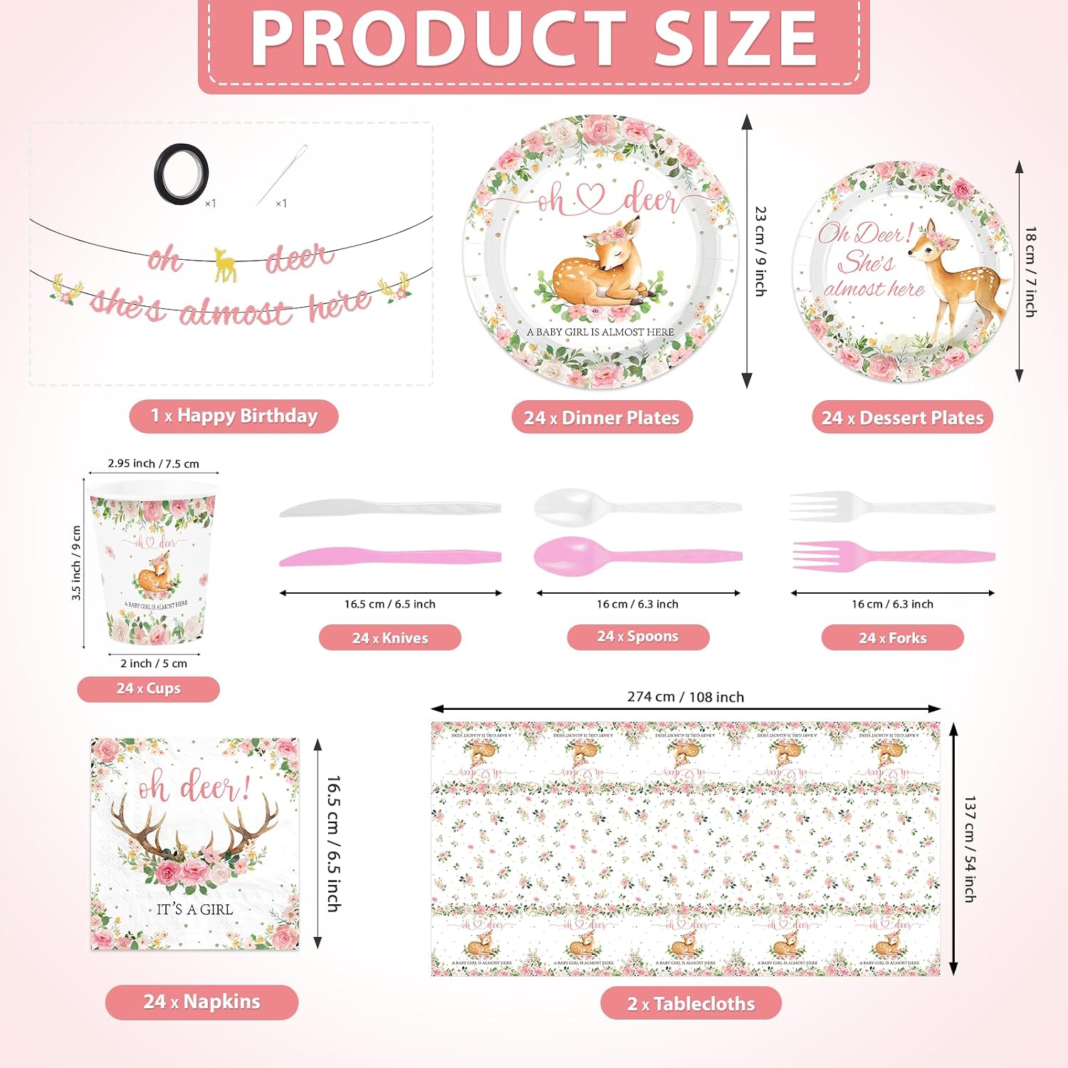 171Pcs Oh Deer Baby Shower Party Decorations Tableware Serves 24 image 2