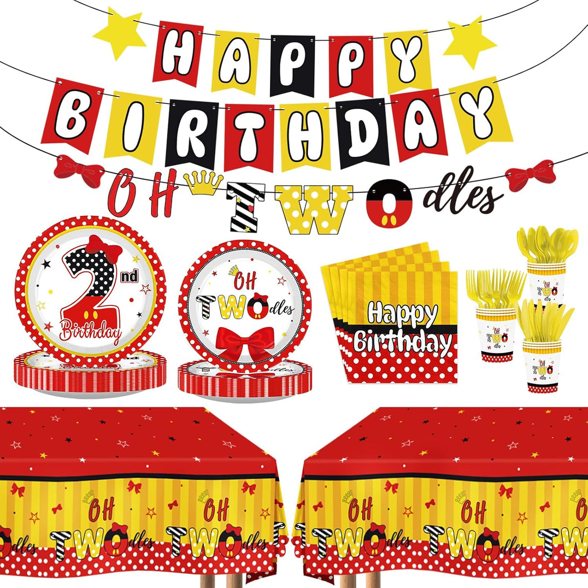 171Pcs Red Cartoon Mouse 2nd Birthday Party Decorations Serves 24 image 1