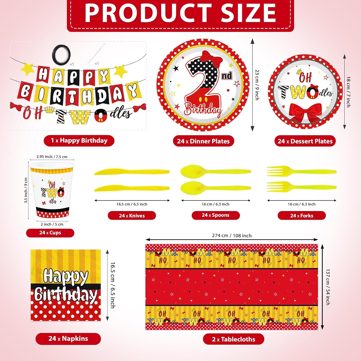 171Pcs Red Cartoon Mouse 2nd Birthday Party Decorations Serves 24 image 2