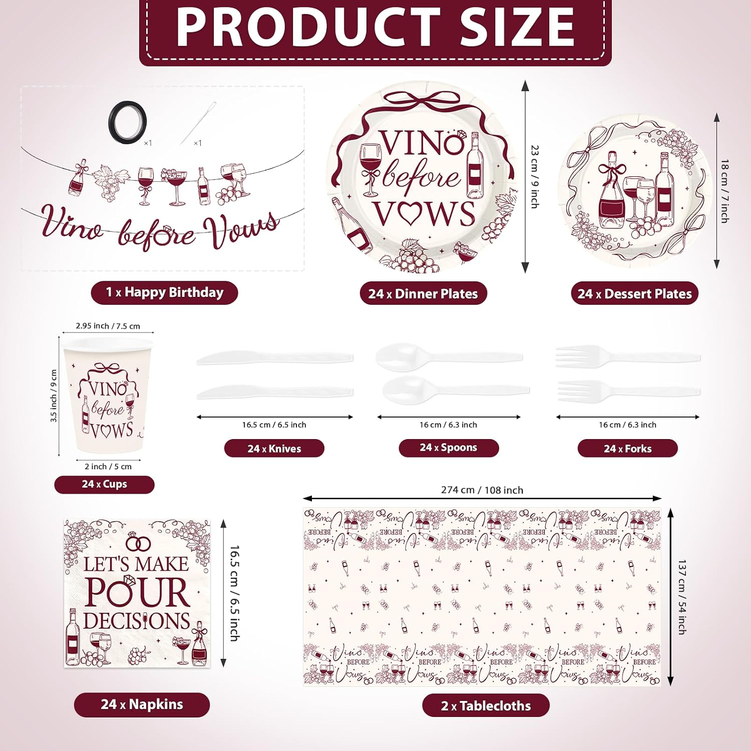 171Pcs Vino Before Vows Bachelorette Decorations Tableware Serves 24 image 2