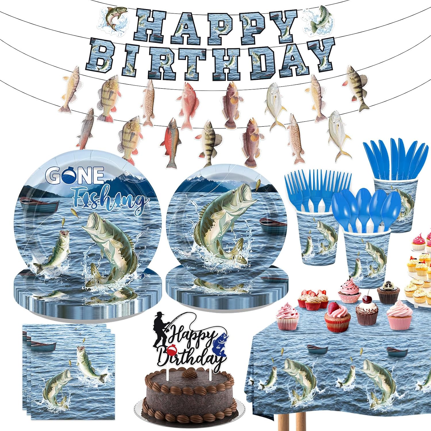 172Pcs Largemouth Bass Fishing Birthday Party Supplies - Gone Fishing Plates Napkins Cutlery Tablecloth Banner Set Serves 24 - Grencian