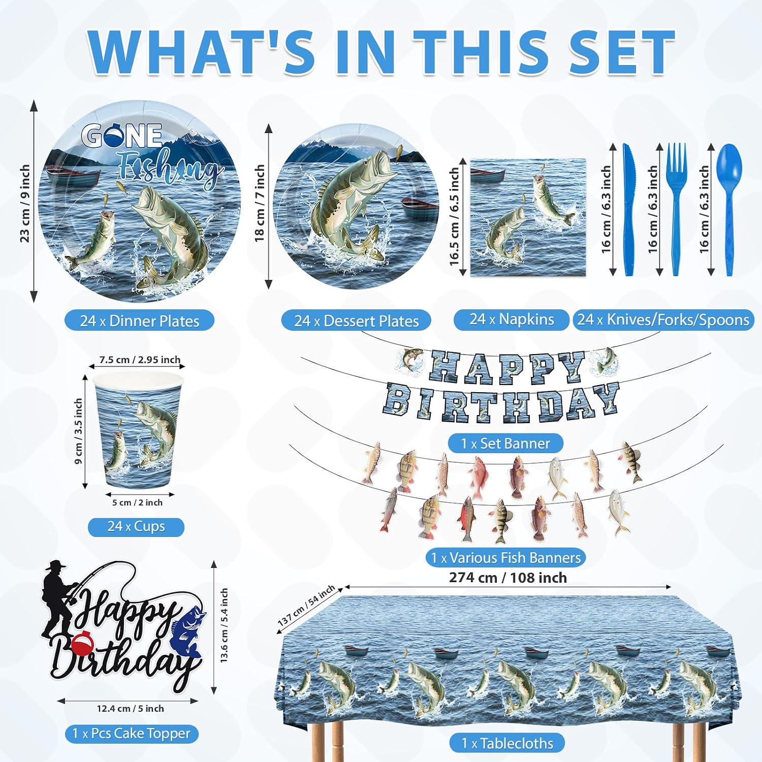 172Pcs Largemouth Bass Fishing Birthday Party Supplies - Gone Fishing Plates Napkins Cutlery Tablecloth Banner Set Serves 24 - Grencian