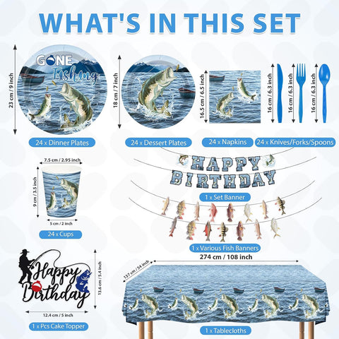 172Pcs Largemouth Bass Fishing Birthday Party Supplies - Gone Fishing Plates Napkins Cutlery Tablecloth Banner Set Serves 24 - Grencian
