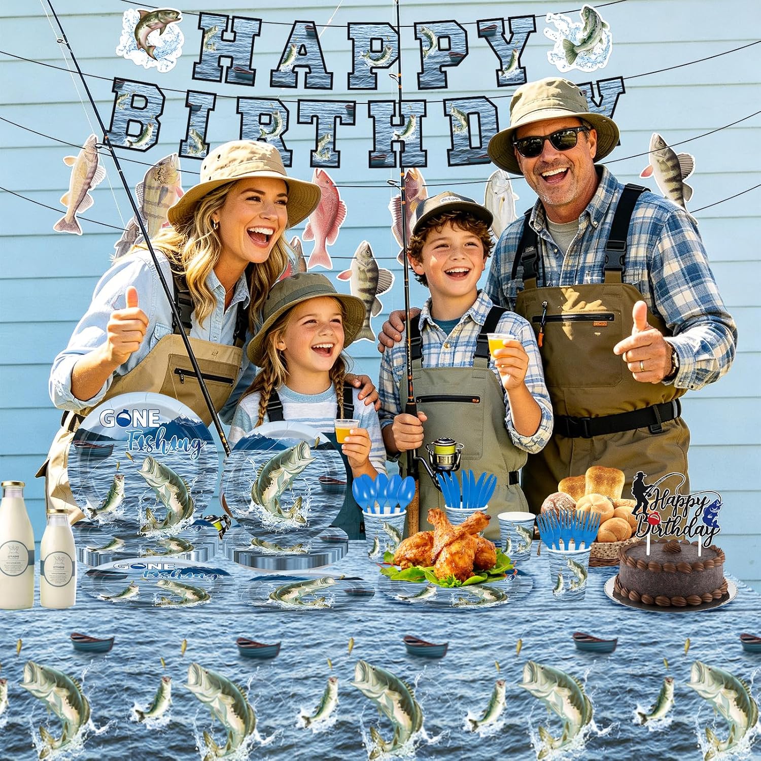 172Pcs Largemouth Bass Fishing Birthday Party Supplies - Gone Fishing Plates Napkins Cutlery Tablecloth Banner Set Serves 24 - Grencian