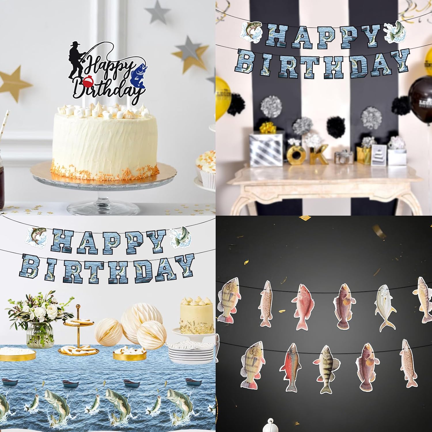 172Pcs Largemouth Bass Fishing Birthday Party Supplies - Gone Fishing Plates Napkins Cutlery Tablecloth Banner Set Serves 24 - Grencian
