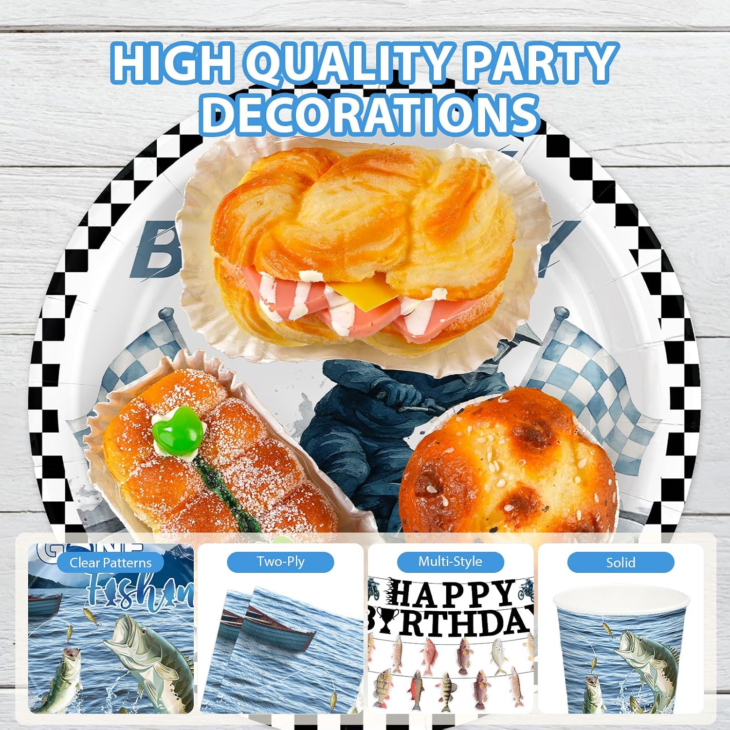 172Pcs Largemouth Bass Fishing Birthday Party Supplies - Gone Fishing Plates Napkins Cutlery Tablecloth Banner Set Serves 24 - Grencian