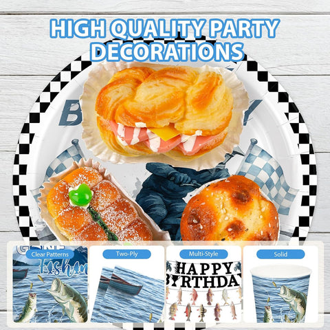 172Pcs Largemouth Bass Fishing Birthday Party Supplies - Gone Fishing Plates Napkins Cutlery Tablecloth Banner Set Serves 24 - Grencian
