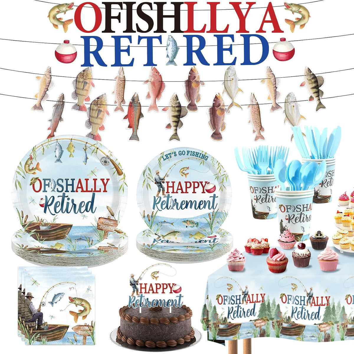172Pcs Ofishally Retired Fishing Party Supplies - Fishing Theme Plates Napkins Cups Cutlery Banner Tableware Set Serves 24 - Grencian