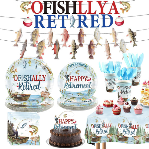 172Pcs Ofishally Retired Fishing Party Supplies - Fishing Theme Plates Napkins Cups Cutlery Banner Tableware Set Serves 24 - Grencian