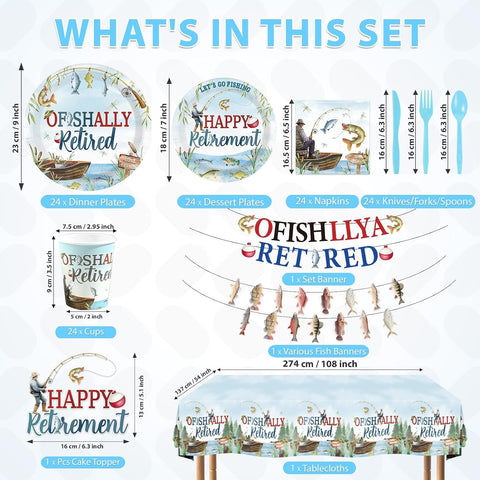 172Pcs Ofishally Retired Fishing Party Supplies - Fishing Theme Plates Napkins Cups Cutlery Banner Tableware Set Serves 24 - Grencian