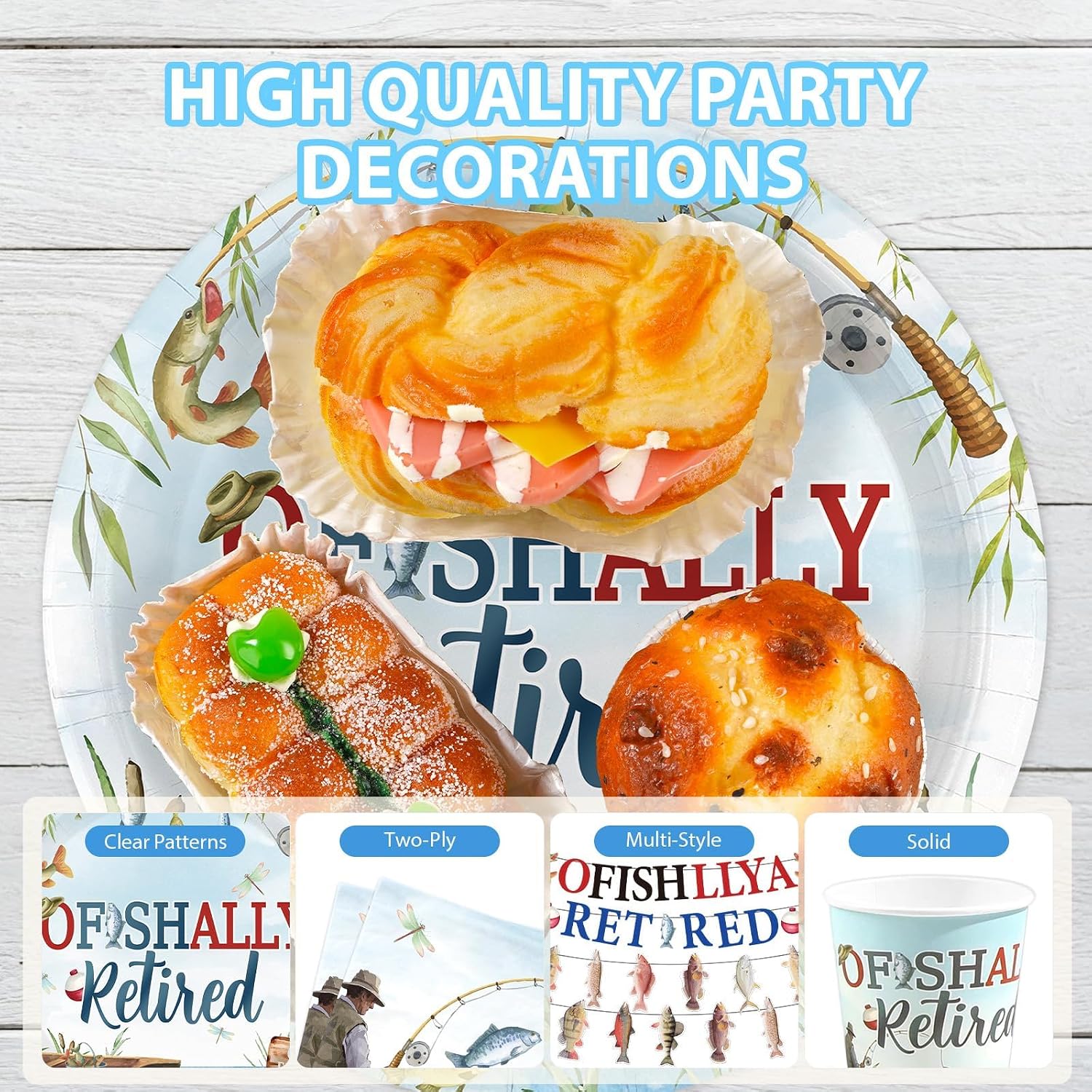 172Pcs Ofishally Retired Fishing Party Supplies - Fishing Theme Plates Napkins Cups Cutlery Banner Tableware Set Serves 24 - Grencian