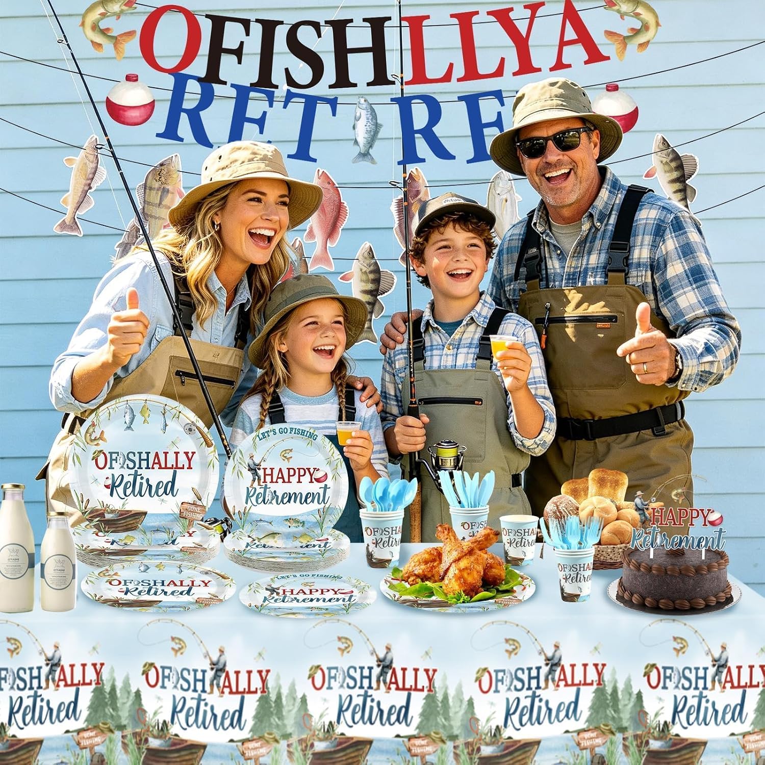 172Pcs Ofishally Retired Fishing Party Supplies - Fishing Theme Plates Napkins Cups Cutlery Banner Tableware Set Serves 24 - Grencian