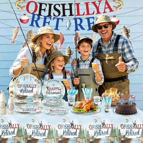 172Pcs Ofishally Retired Fishing Party Supplies - Fishing Theme Plates Napkins Cups Cutlery Banner Tableware Set Serves 24 - Grencian