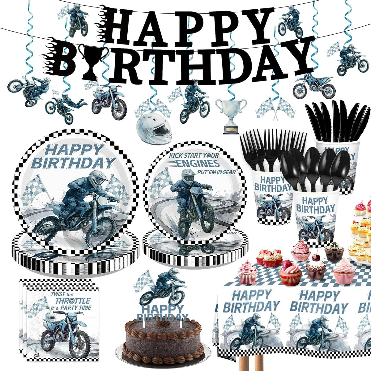 189Pcs Dirt Bike Birthday Party Supplies - Motorcycle Plates Napkins Cups Cutlery Tablecloth Banner Cake Topper Serves 24 - Grencian