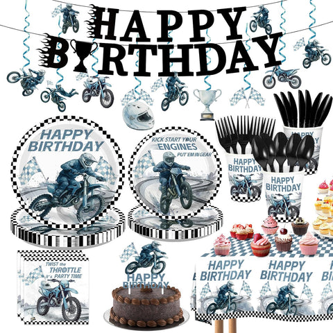 189Pcs Dirt Bike Birthday Party Supplies - Motorcycle Plates Napkins Cups Cutlery Tablecloth Banner Cake Topper Serves 24 - Grencian