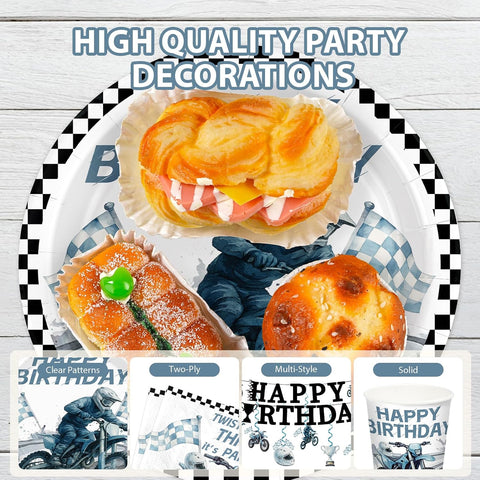 189Pcs Dirt Bike Birthday Party Supplies - Motorcycle Plates Napkins Cups Cutlery Tablecloth Banner Cake Topper Serves 24 - Grencian