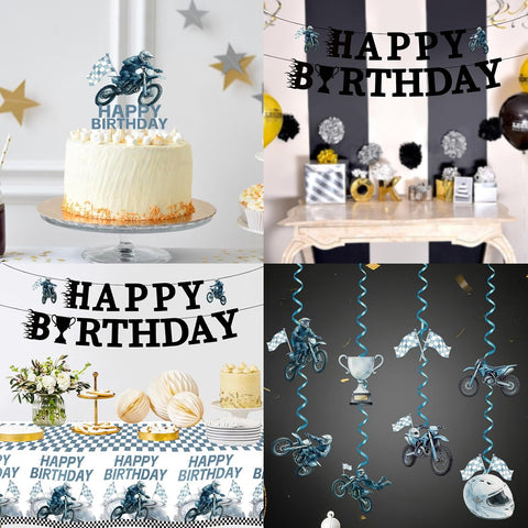 189Pcs Dirt Bike Birthday Party Supplies - Motorcycle Plates Napkins Cups Cutlery Tablecloth Banner Cake Topper Serves 24 - Grencian