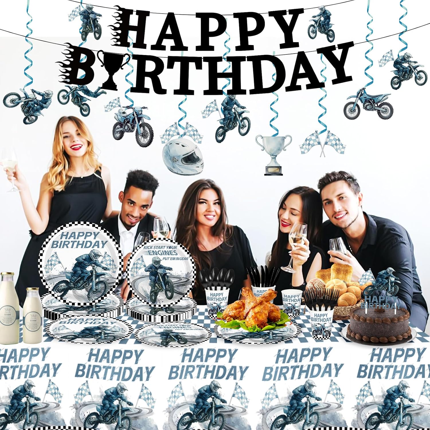 189Pcs Dirt Bike Birthday Party Supplies - Motorcycle Plates Napkins Cups Cutlery Tablecloth Banner Cake Topper Serves 24 - Grencian