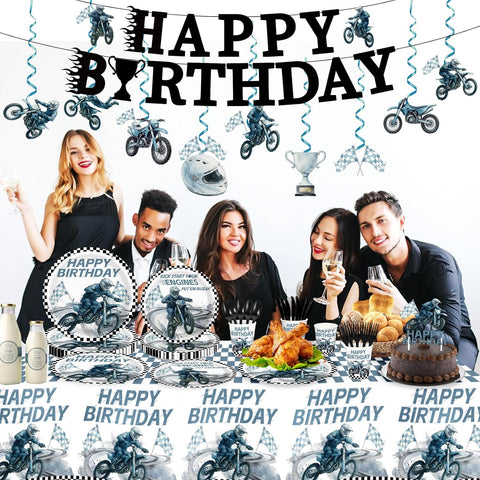 189Pcs Dirt Bike Birthday Party Supplies - Motorcycle Plates Napkins Cups Cutlery Tablecloth Banner Cake Topper Serves 24 - Grencian