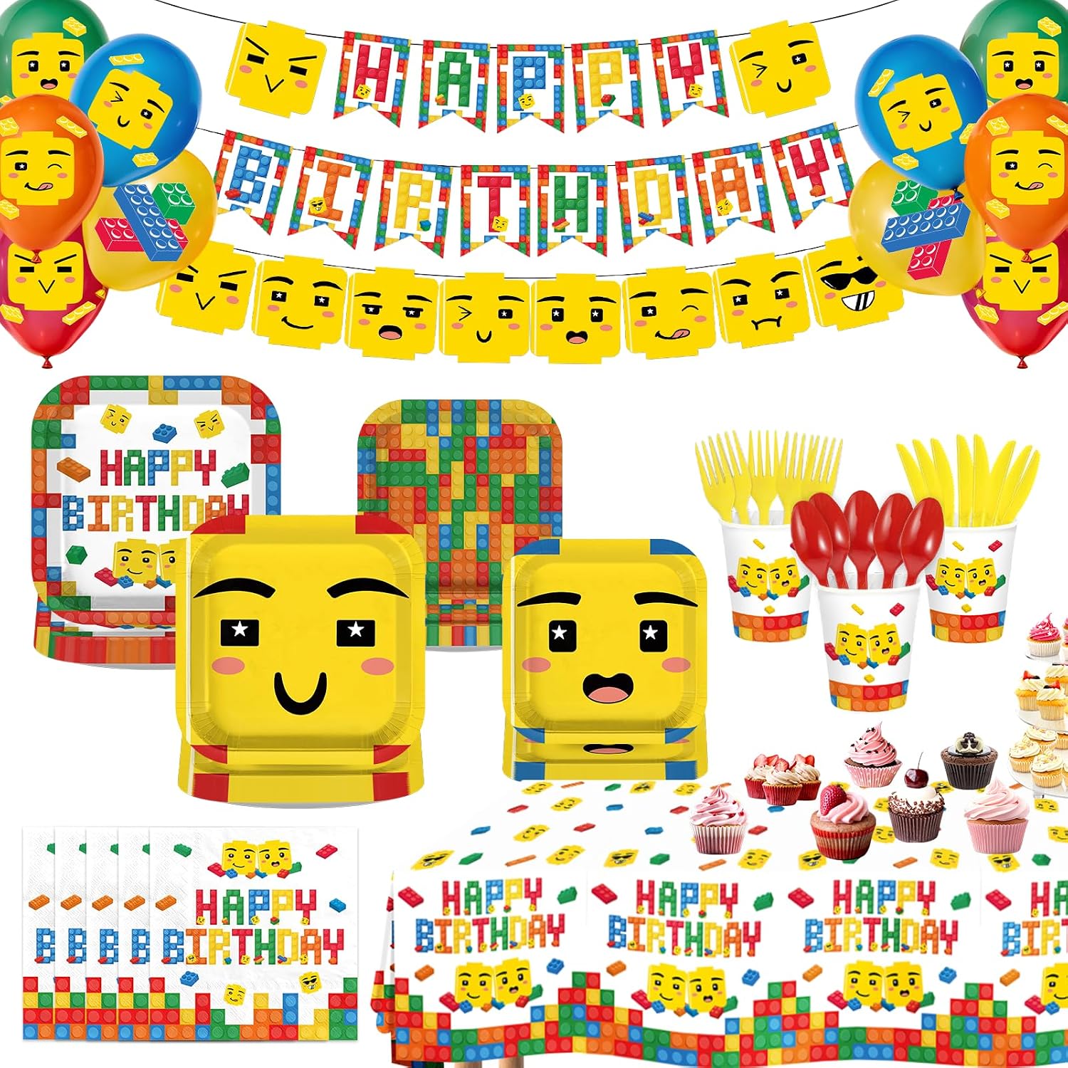 191Pcs Building Block Birthday Party Supplies - Colorful Block Plates Napkins Cups Banner Tablecloth Set Serves 24 - Grencian
