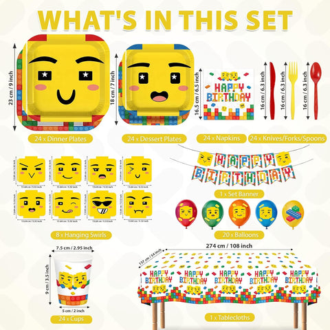 191Pcs Building Block Birthday Party Supplies - Colorful Block Plates Napkins Cups Banner Tablecloth Set Serves 24 - Grencian