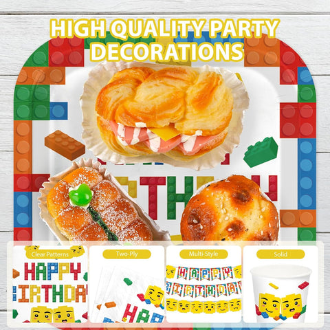 191Pcs Building Block Birthday Party Supplies - Colorful Block Plates Napkins Cups Banner Tablecloth Set Serves 24 - Grencian