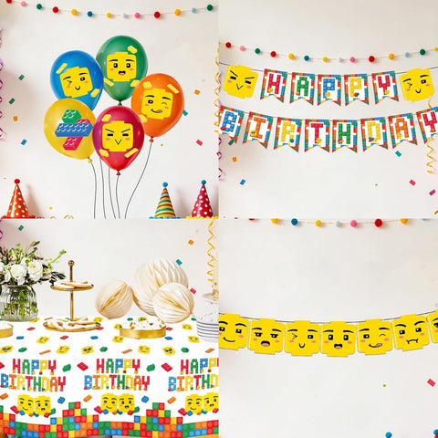 191Pcs Building Block Birthday Party Supplies - Colorful Block Plates Napkins Cups Banner Tablecloth Set Serves 24 - Grencian