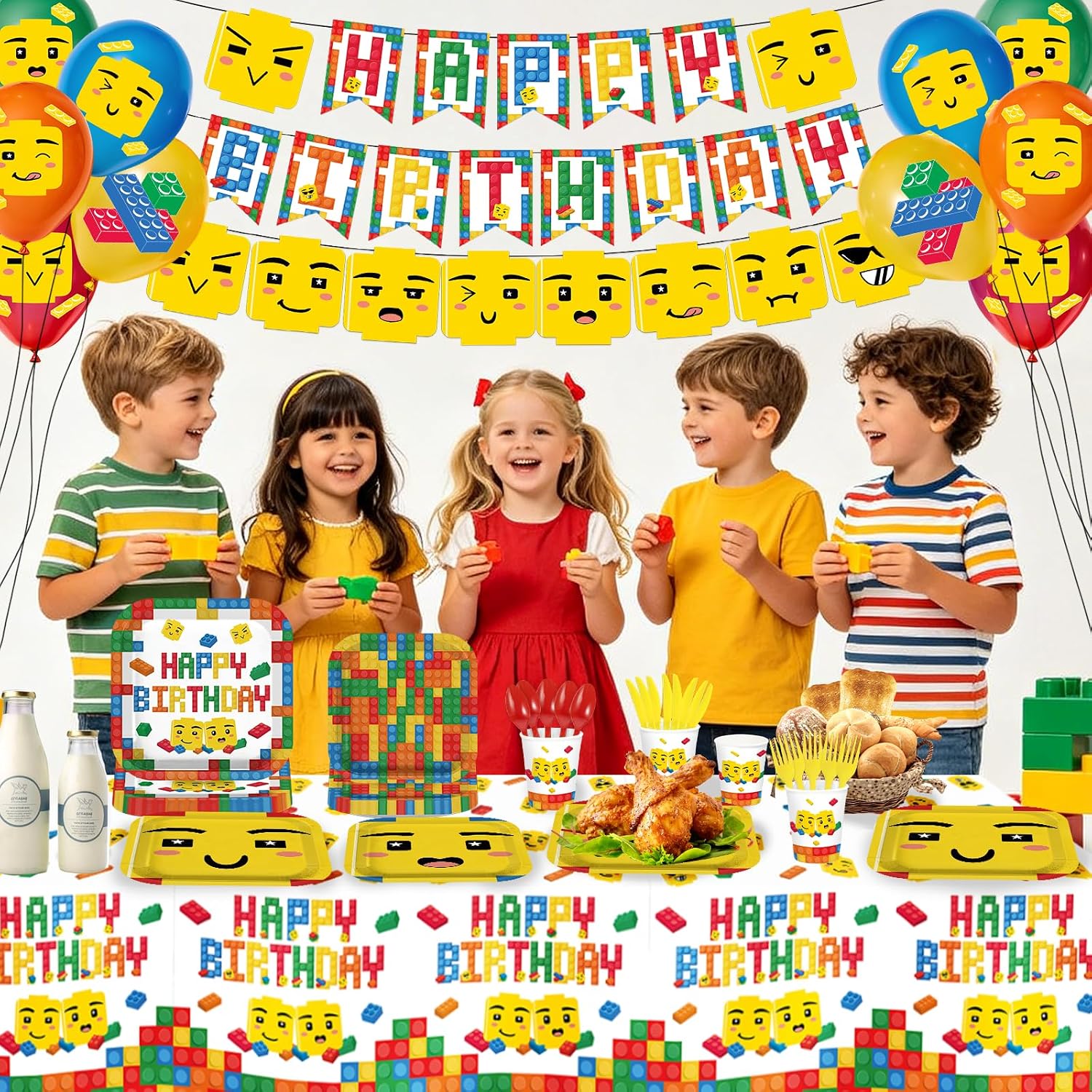 191Pcs Building Block Birthday Party Supplies - Colorful Block Plates Napkins Cups Banner Tablecloth Set Serves 24 - Grencian