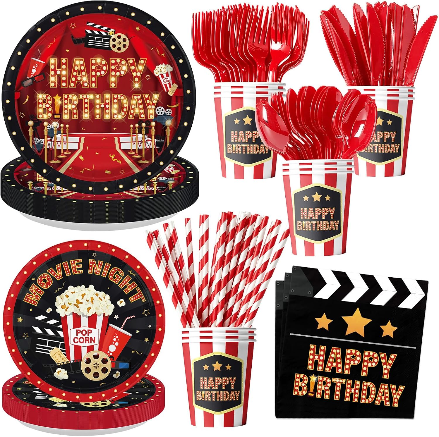192Pcs Movie Night Birthday Party Decorations Tableware Serves 24 - Grencian