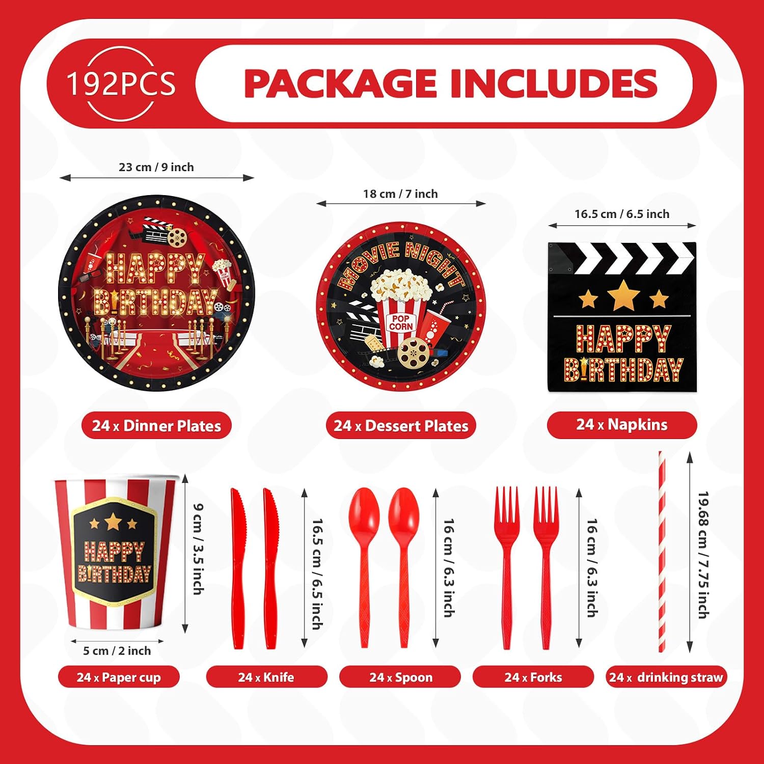 192Pcs Movie Night Birthday Party Decorations Tableware Serves 24 - Grencian