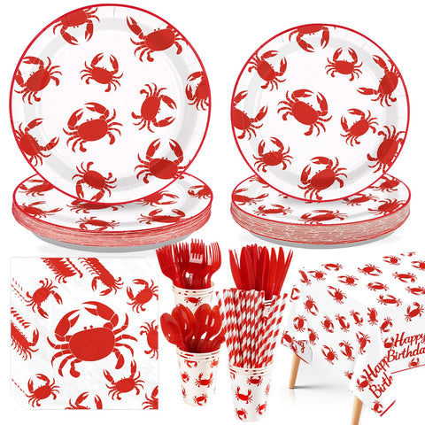 194 Pcs Crab Boil Birthday Party Plates Napkins Cups and Forks - Grencian