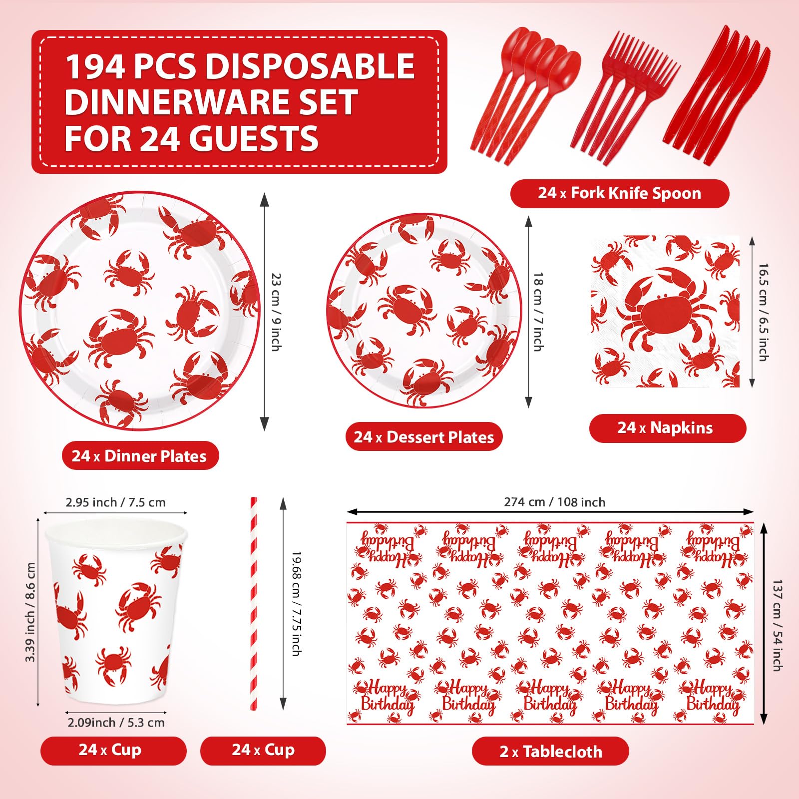 194 Pcs Crab Boil Birthday Party Plates Napkins Cups and Forks - Grencian