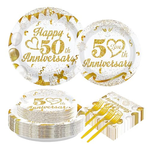 200 Pcs 50th Wedding Anniversary Party Plates and Napkins - Grencian