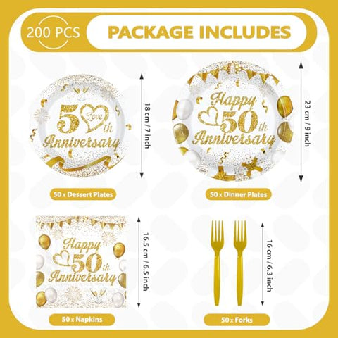 200 Pcs 50th Wedding Anniversary Party Plates and Napkins - Grencian