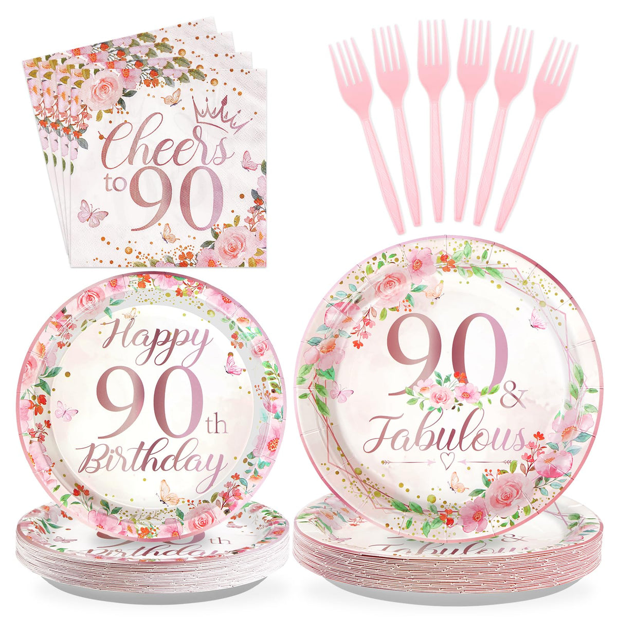 200 Pcs 90th Birthday Party Plates and Napkins - Grencian