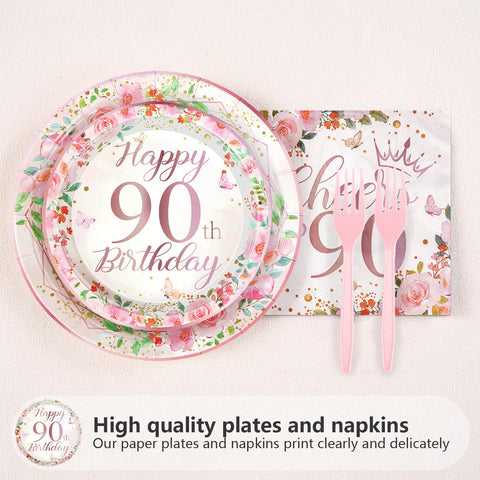 200 Pcs 90th Birthday Party Plates and Napkins - Grencian