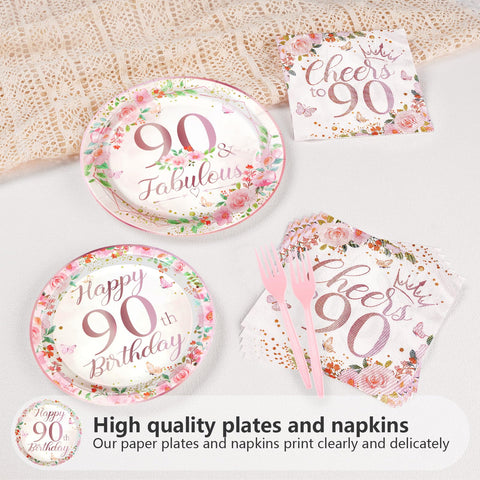 200 Pcs 90th Birthday Party Plates and Napkins - Grencian